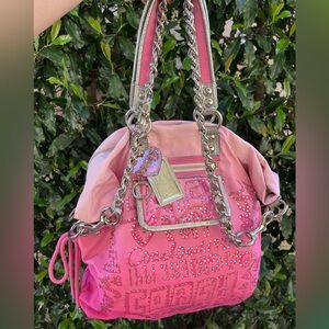 Coach Poppy Pink Ombré Studded Glam Tote Shoulder Bag Rare